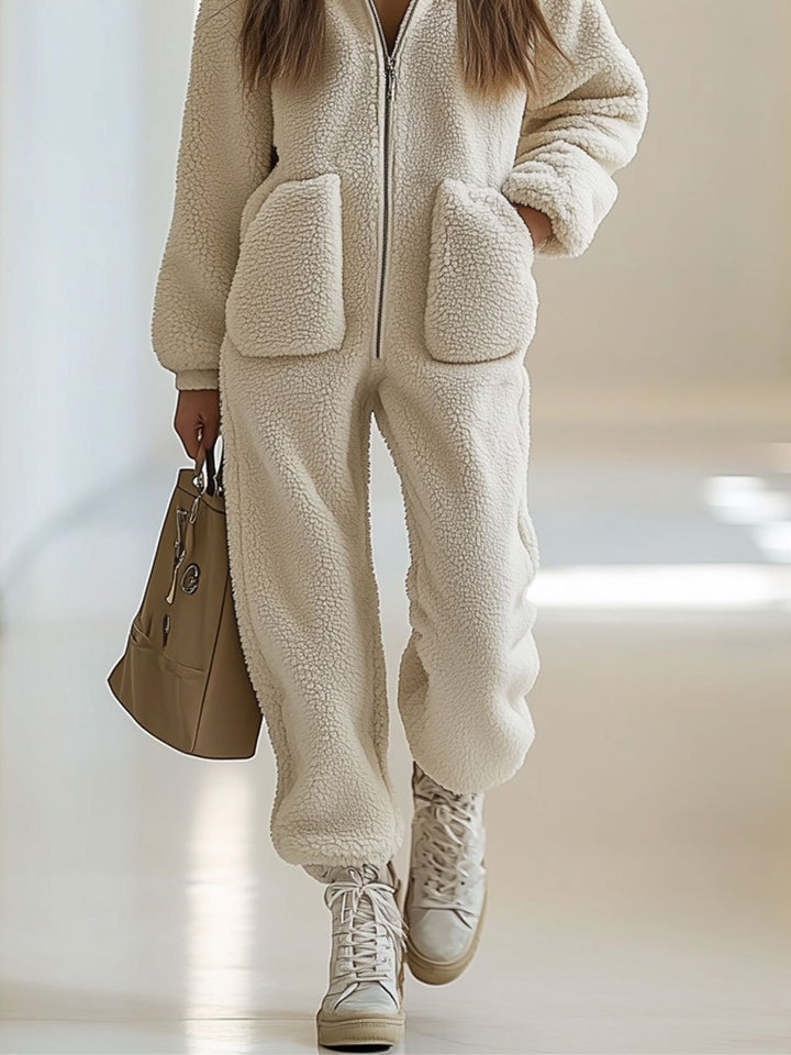 Cari Casual Loose Vintage Polar Fleece Pocket Zipper Hooded Jumpsuit